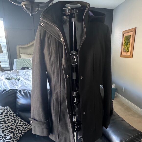 Calvin Klein Women’s Black Wool-Blend Coat (55% Wool)Mid-Length Purple Lining 10 - Picture 1 of 14